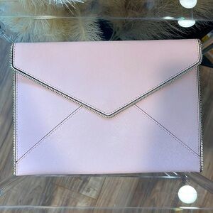 REBECCA MINKOFF LIGHT BABY PINK LARGE ENVELOPE CLUTCH W ZIPPERS SNAP CLOSURE